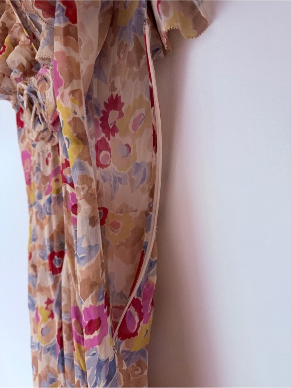 NEW DOEN Amerelle Silk Long Dress Jardin De Camelias Beige Pink Floral US XS - Picture 8 of 16